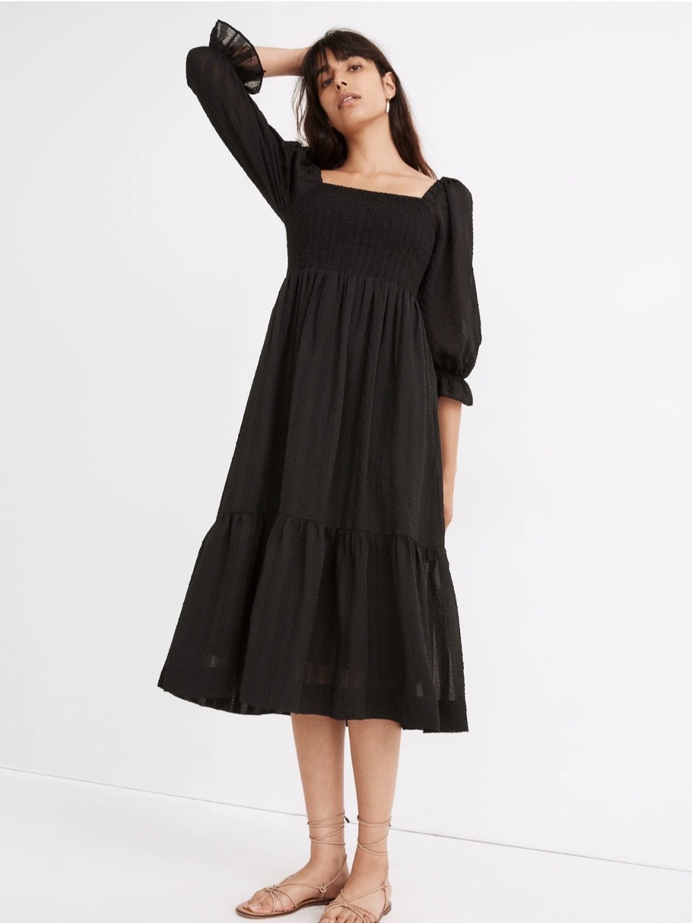 Madewell medium black Lucie elbow sleeve smocked bodice midi dress summer casual